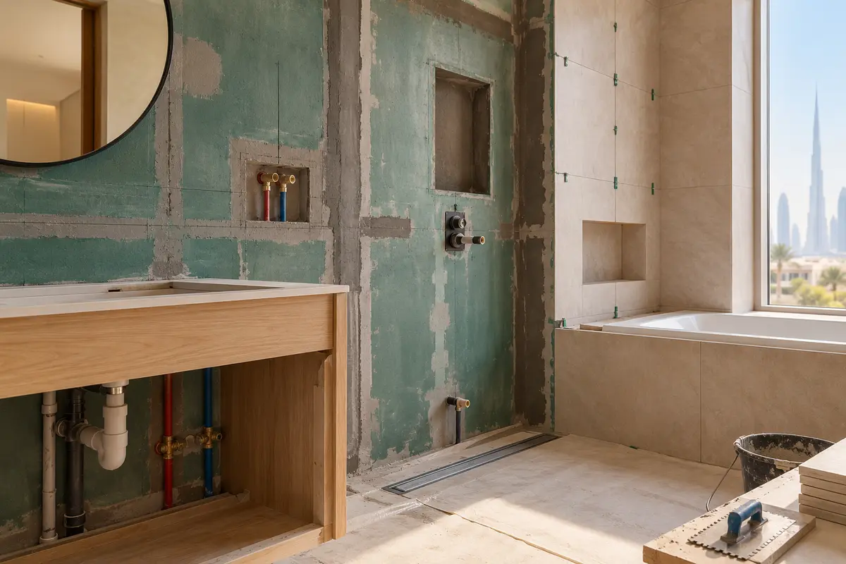 Bathroom renovation showing waterproofing, plumbing and partially installed tiles