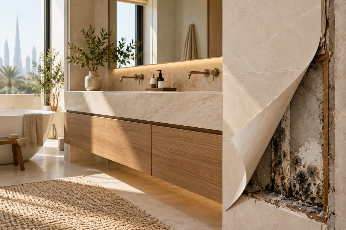 Beautiful finished bathroom surface peeling back to reveal hidden damp and poor workmanship