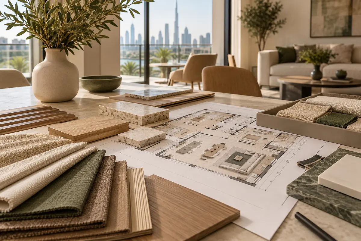 Interior design plans and material samples arranged in a contemporary Dubai apartment