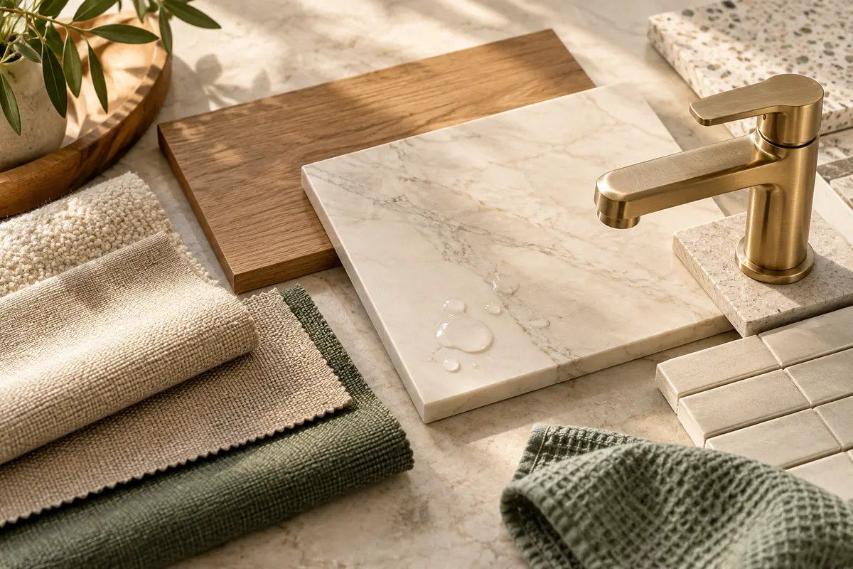 Practical renovation material samples including timber, stone, tap finish and upholstery