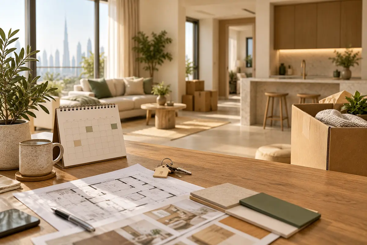 Renovation schedule, keys and moving boxes in a nearly completed Dubai home