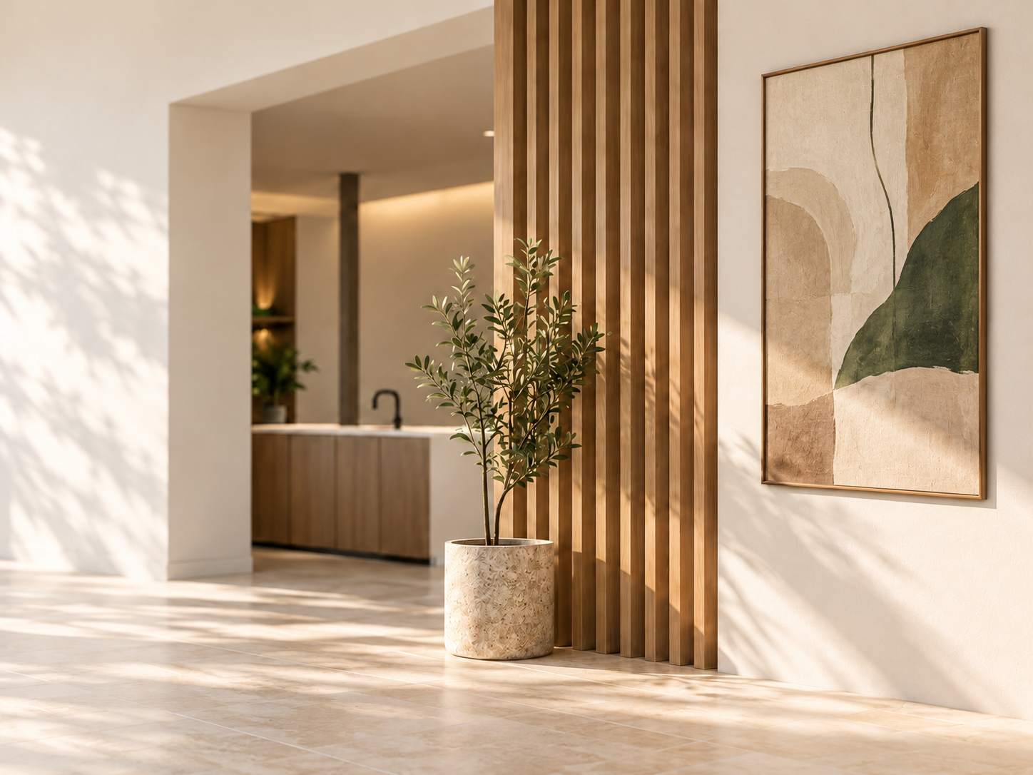 Warm contemporary UAE home interior with natural timber details and framed abstract artwork
