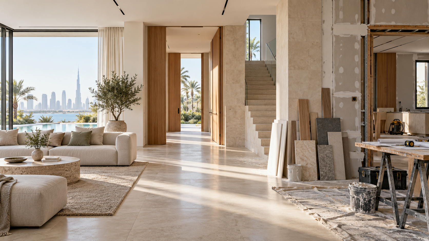 A contemporary Dubai villa interior midway through renovation